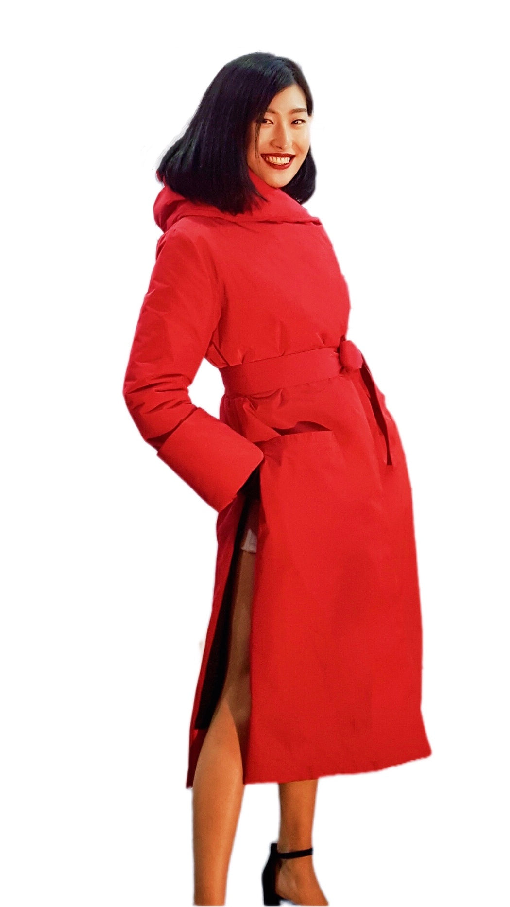 Il cappotto lungo rosso imbottito chic e impermeabile Eva